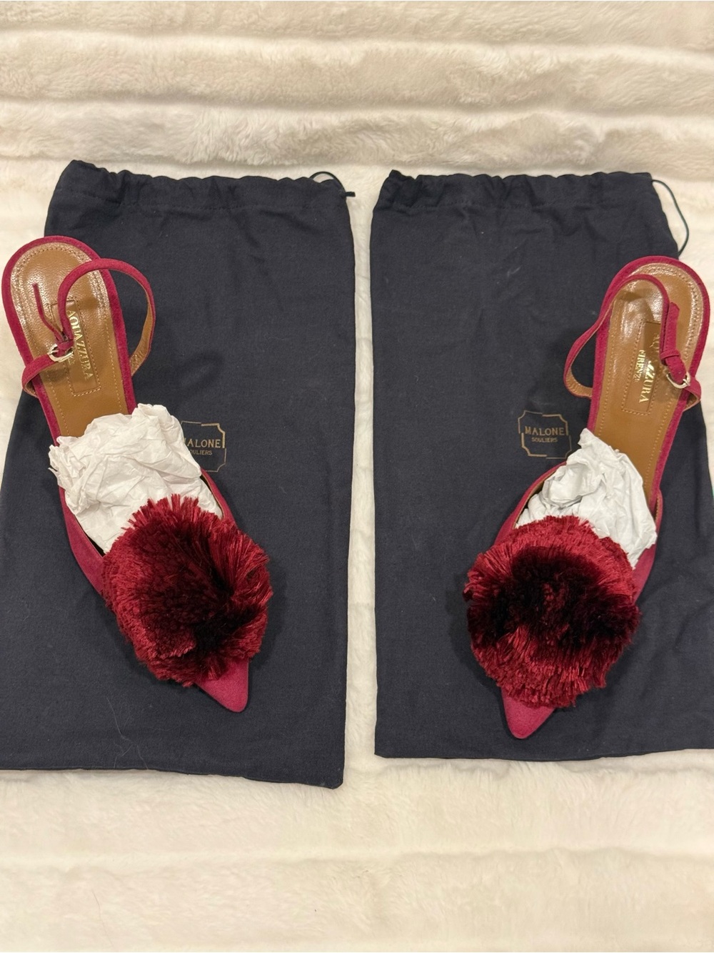 Aquazzura Burgundy Velvet Pom-Pom Slingback Heels